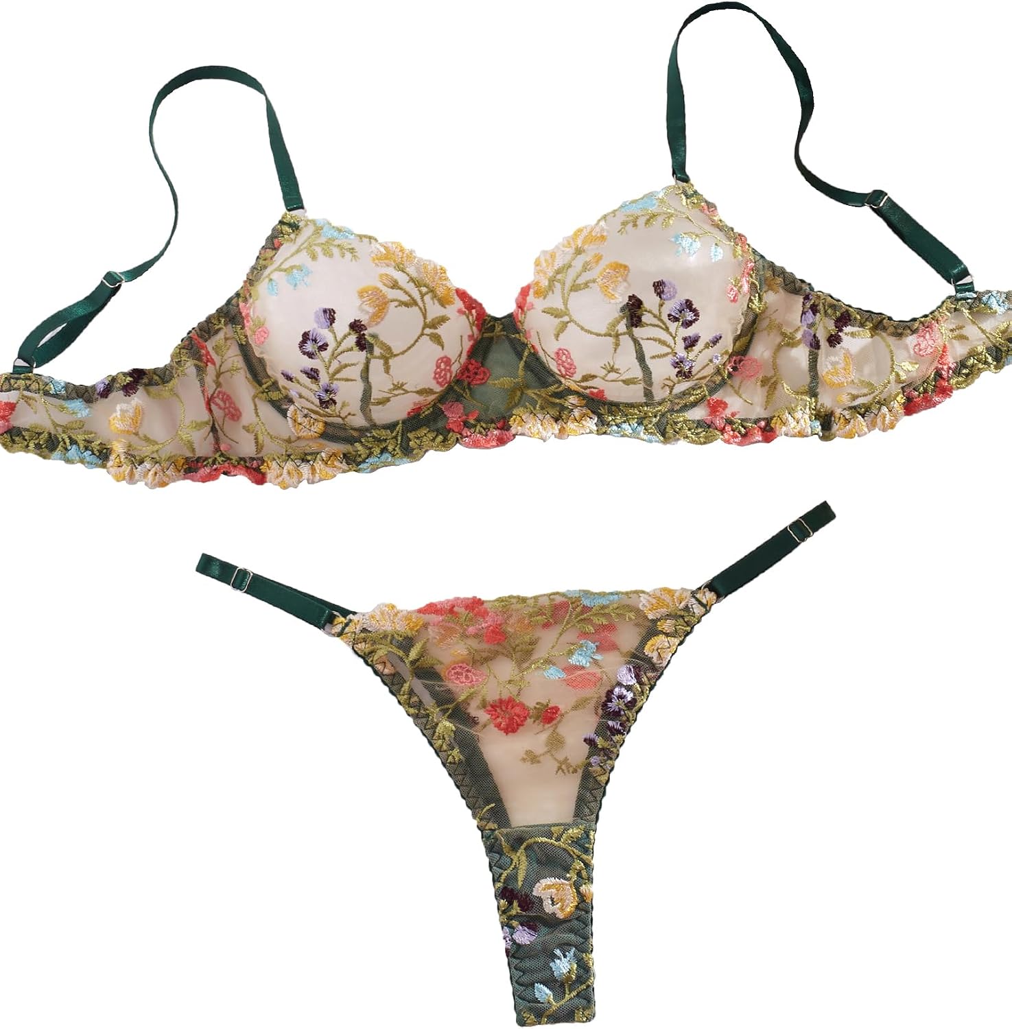 Sexy Floral Embroidered Flower Mesh Underwire Push Up Lingerie Set