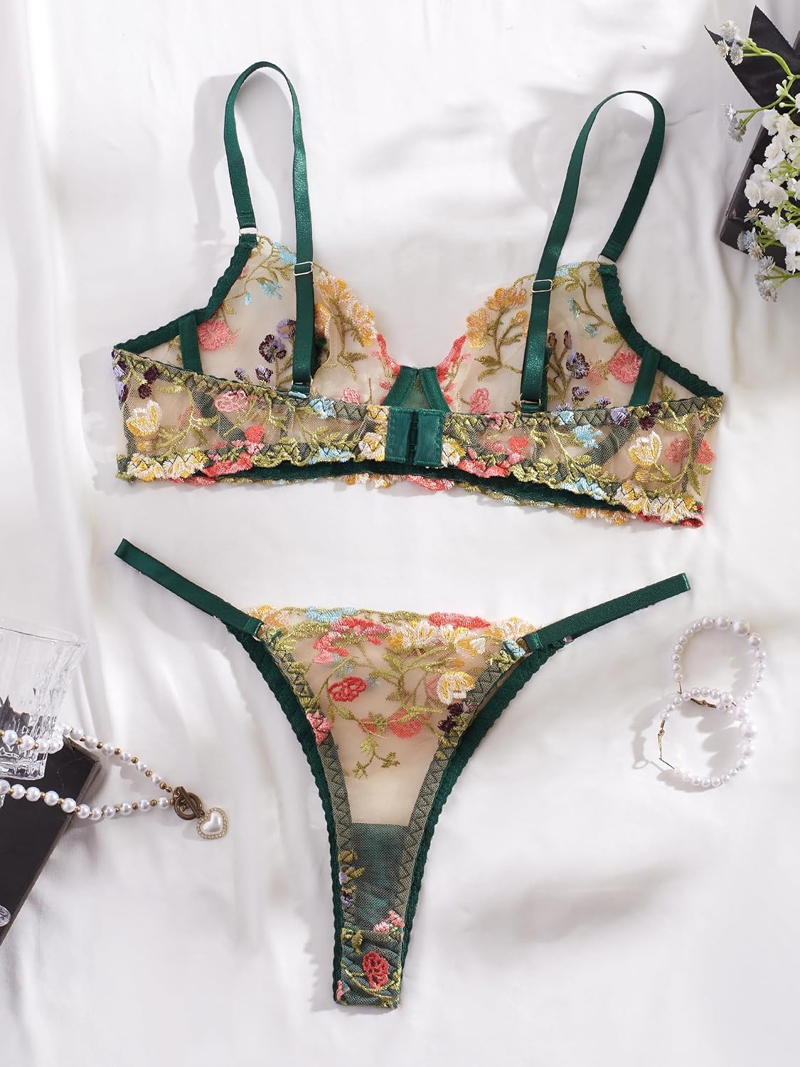 Sexy Floral Embroidered Flower Mesh Underwire Push Up Lingerie Set - Image 2